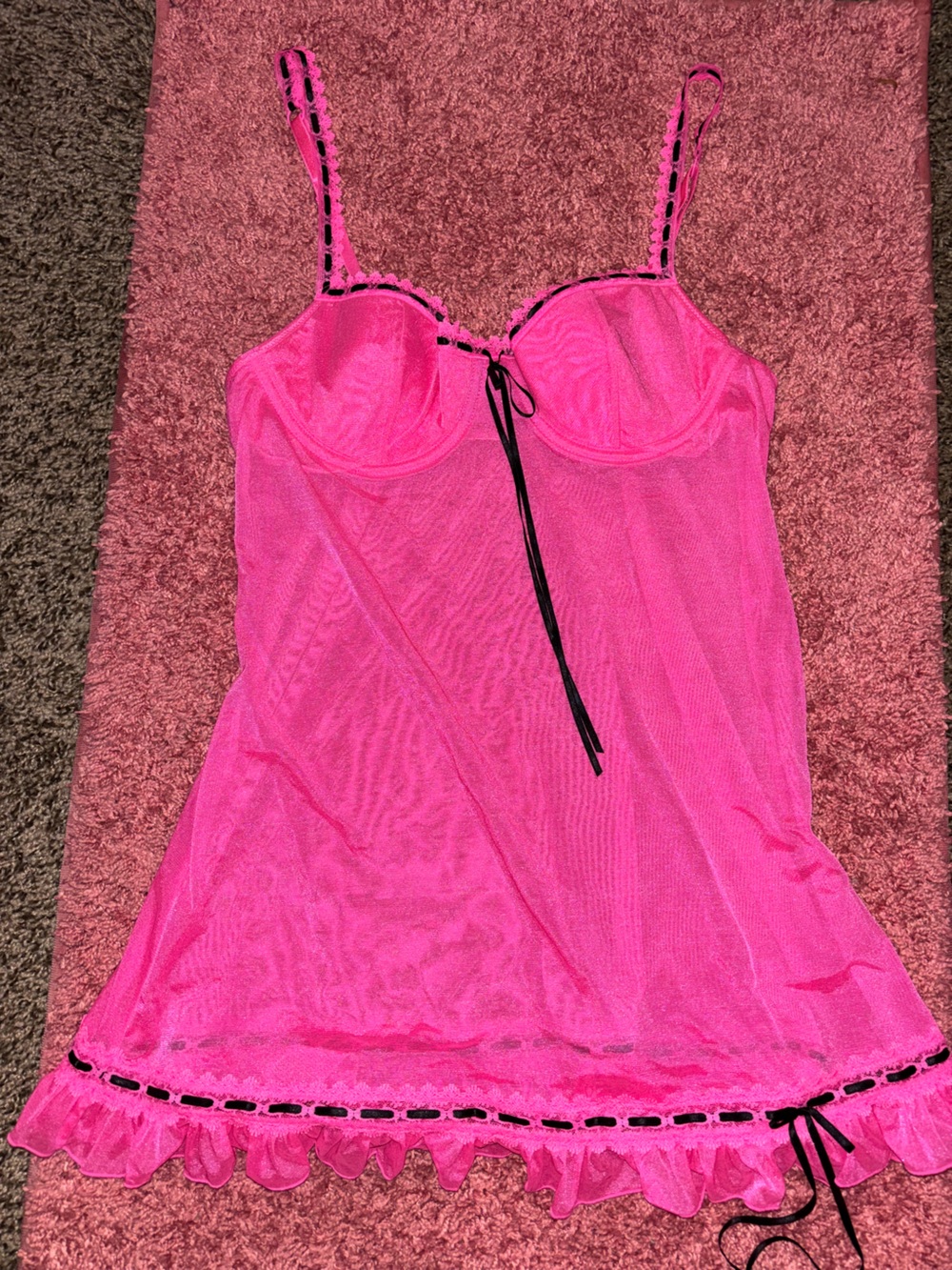 Victoria's Secret Hot Pink Sheer Chemise with Black Ribbon Trim